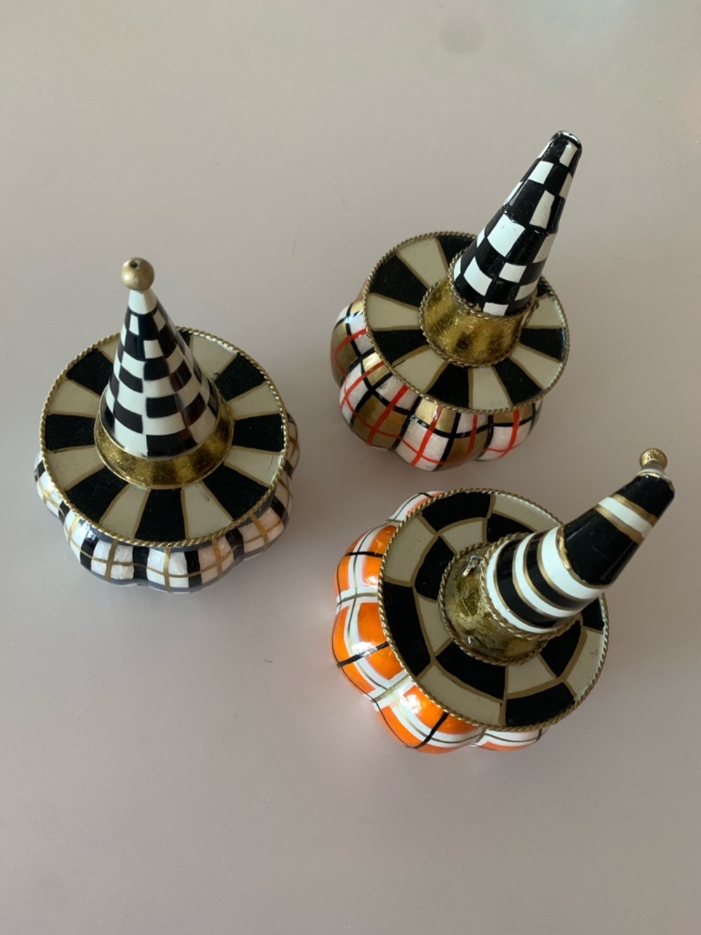 MacKenzie Childs mini pumpkin trio with witch hats